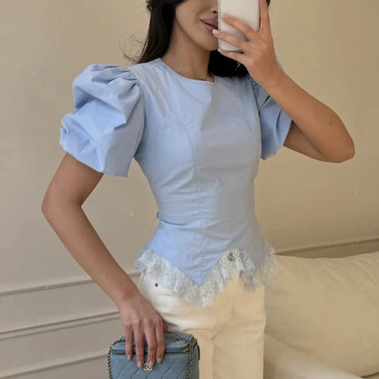 Puff Sleeve Lace Splice T Shirt Women Fashion Lace Up Short Sleeve Summer Slim Casual Commute