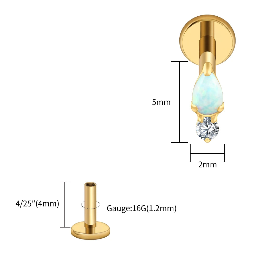 Right Grand ASTM F136 Titanium Teardrop Opal Cartilage Earring 16G Tiny Round CZ Forward Helix Labret Stud Piercing Jewelry