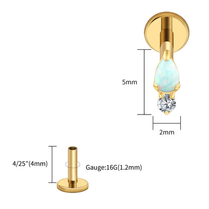 Right Grand ASTM F136 Titanium Teardrop Opal Cartilage Earring 16G Tiny Round CZ Forward Helix Labret Stud Piercing Jewelry