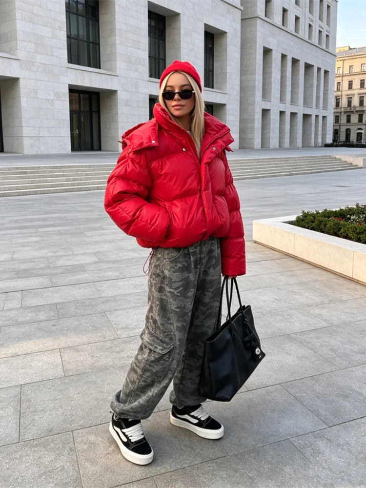 Women Bright Red Hooded Puffer Jacket Oversized Collar Horizontal Quilted Thick Padded Cropped Coat Warm Outerwear Winter Coats