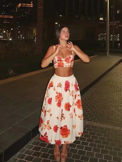 Elegant Floral Two Piece Set Sweetheart Crop Bustier High Waist Flowy A Line Midi Skirt Women Summer Daily Vacation Party Outfit