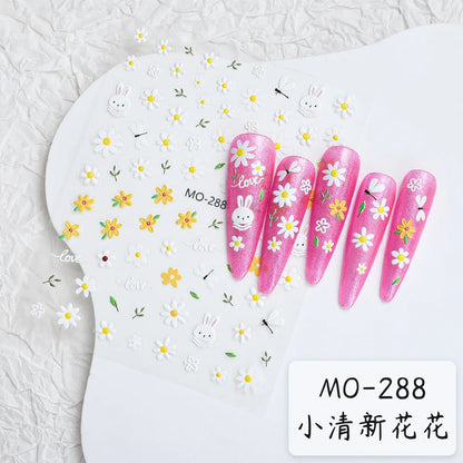 5D Embossed Nail Art Decals Elegant Petals Florals Daisy Flowers Leaves Adhesive Sliders Stickers For Manicure Tips Decoration