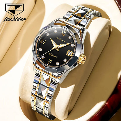 JSDUN Women's Watches Luxury Fashion Tungsten Steel Strap Sapphire Mirror Original Automatic Mechanical Wristwatch for Lady Date