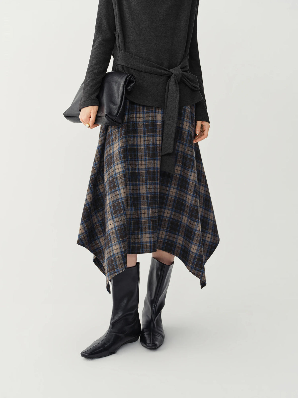 FSLE 2026 Winter Women's Vintage Plaid Print Asymmetric Full Flare Midi Skirt - Flattering Elegant Chic Versatile for Daily Wear