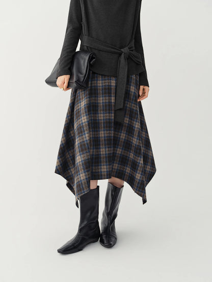 FSLE 2026 Winter Women's Vintage Plaid Print Asymmetric Full Flare Midi Skirt - Flattering Elegant Chic Versatile for Daily Wear