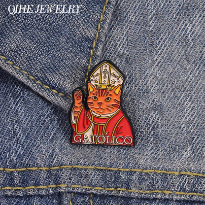 Sacred & Solemn Catholic Cat Brooch Enamel Pins Religious Belief GATOLICO Cat Brooches Lapel Badge Fun Jewelry Gift for Friends