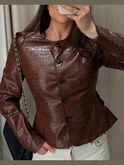 Women Croc Print Faux Leather Jacket Crew Neck Button Front Flared Peplum Hem Slim Fit Cropped Coat Street Ladies Outerwear