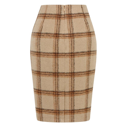 Women Tartan Plaid Thick Woolen Pencil Skirt Lined Back Invisible Zipper High Waist Bodycon Midi Skirt For Daily Casual Outings