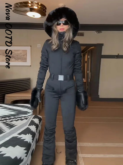 Winter Women's Black Fur Hooded Belted Ski Jumpsuit Slim Fit Waterproof Windproof Skiwear 2026 Lady Warm Sport Snow Bodysuit New