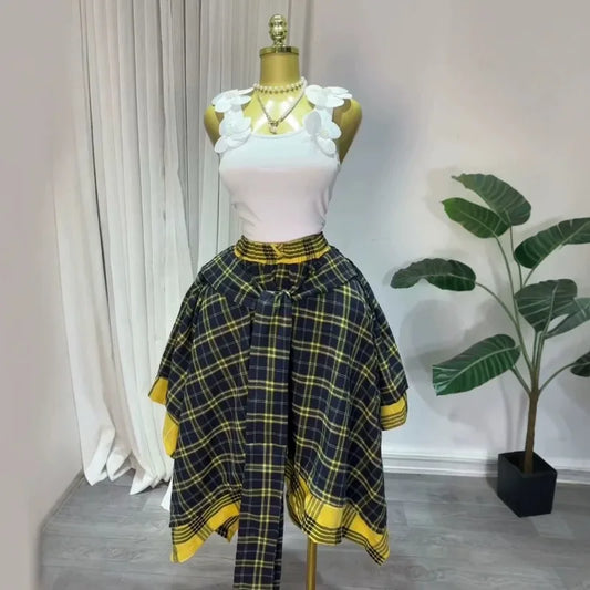 2026 Summer Women Plaid Midi Skirt High Waist Elastic Waist Tie Wrap Irregular Asymmetrical A-line Skirt Vintage Tartan Skirt