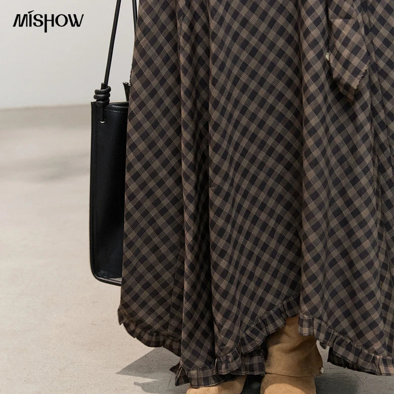MISHOW Women's Plaid Ruffle Hem Midi Skirt with Belt 2026 Summer High Waist A-Line Skirt Loose Fit Vintage Long Skirt MXF14B2483