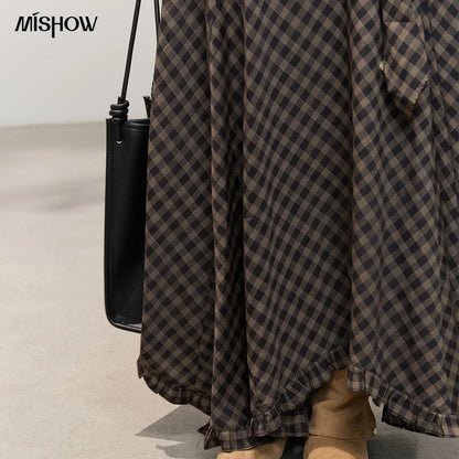 MISHOW Women's Plaid Ruffle Hem Midi Skirt with Belt 2026 Summer High Waist A-Line Skirt Loose Fit Vintage Long Skirt MXF14B2483