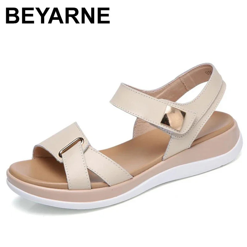 BEYARNE New Summer Women Sandals Flat shoes Woman Light Comfortable Leather Casual Hook Loop Sandalias mujerWomen's FootwearE234