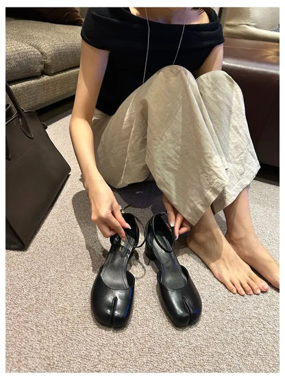 Women Split Toe Ninja Tabi Pumps Woman 5cm Heels Mary Janes Round Heels Shoes Buckle Strap Shallow Sandals Shoes For Party Mules