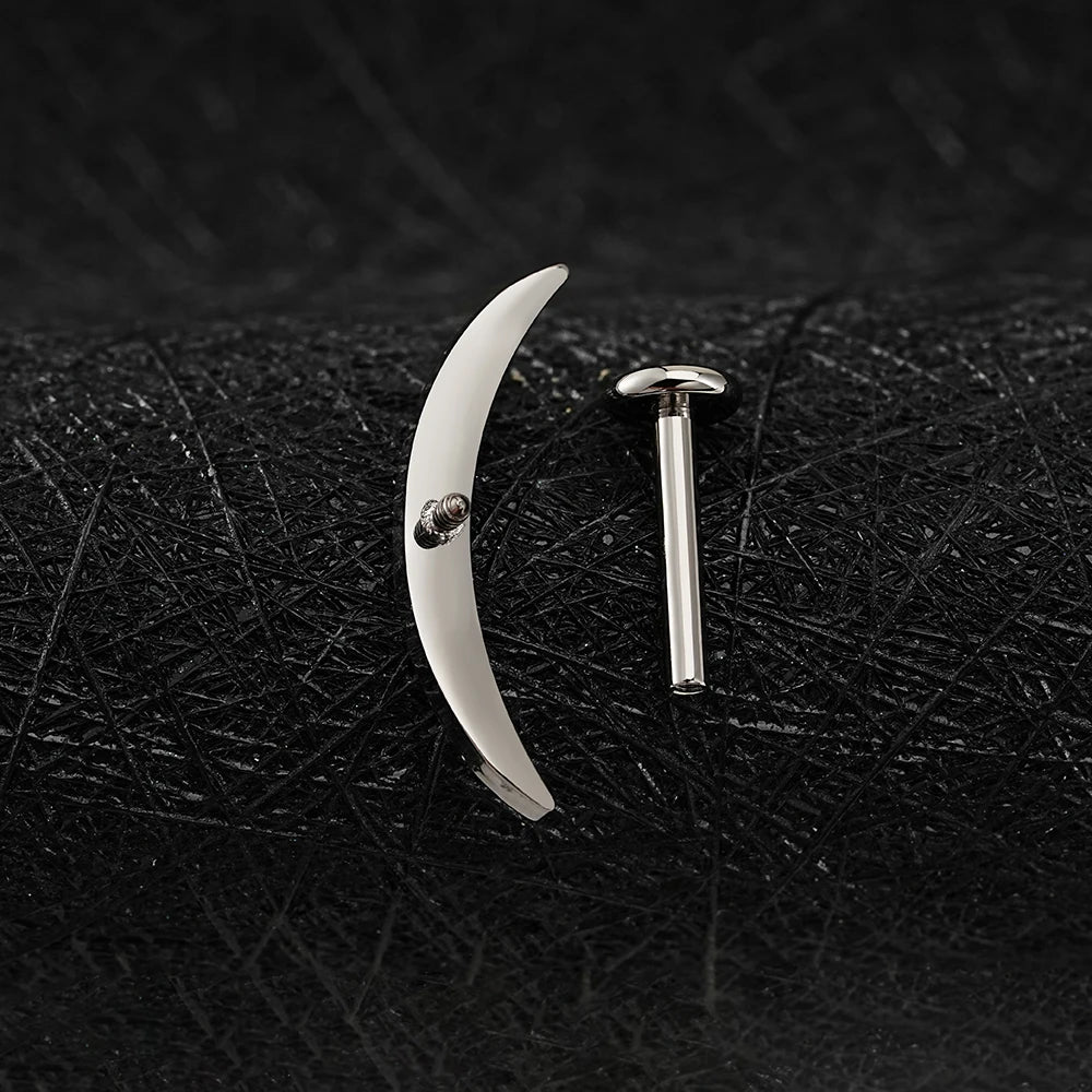 Right Grand ASTM F136 Titanium Long Crescent Moon Labret with CZ 16G Screw Back Climber Earring Helix Cartilage Tragus Piercing