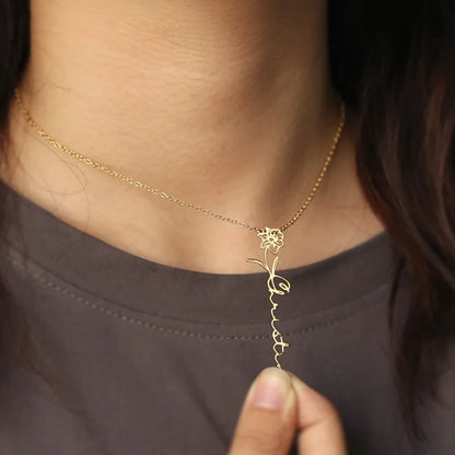 Name Necklace with Birth Flower Custom Birth Month Flower Stainless Steel  Floral Name Necklace Minimalist Jewelry Gift for Her