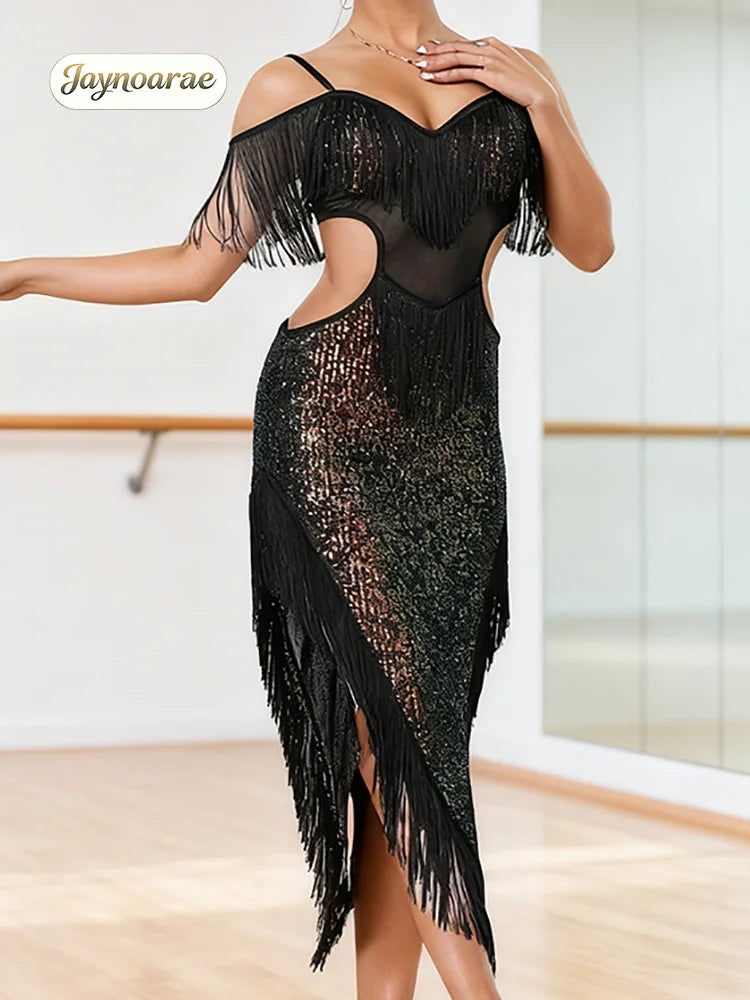 JAYNOARAE Women's Sequined Tassel Latin Dance Dress Party Dress Stage Performance Costume Competition Dress