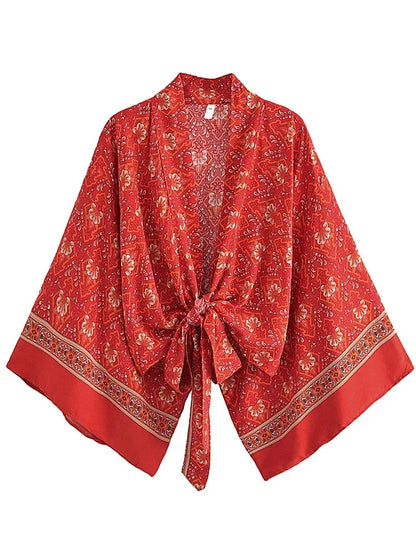 Vintage Multi Floral Boho Kimono Short Robe Swimsuits Women Fashion Batwing Sleeves Rayon Bohemian Bikini Cover Ups Beachwear