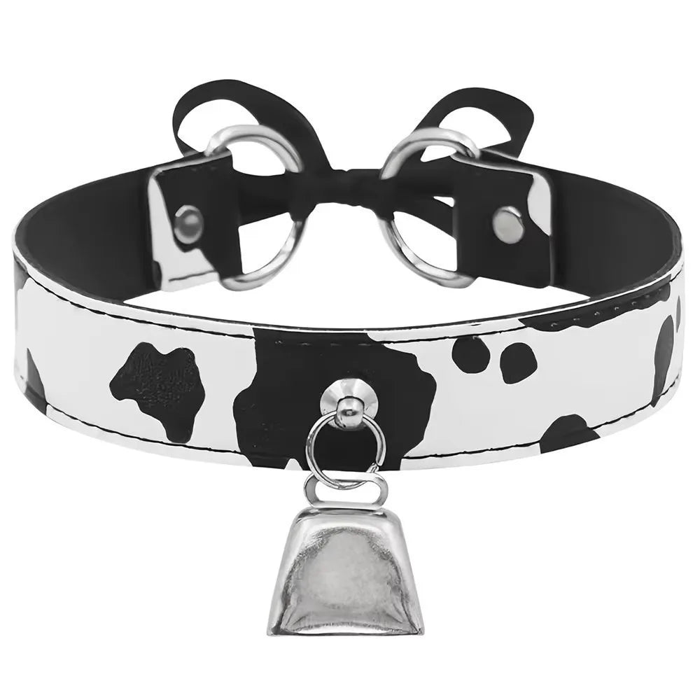 Sexy Leather Choker Necklace Cow Print Adjustable Bell Collar Women Necklace