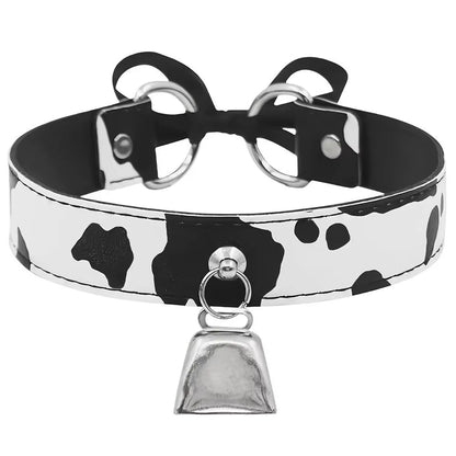 Sexy Leather Choker Necklace Cow Print Adjustable Bell Collar Women Necklace