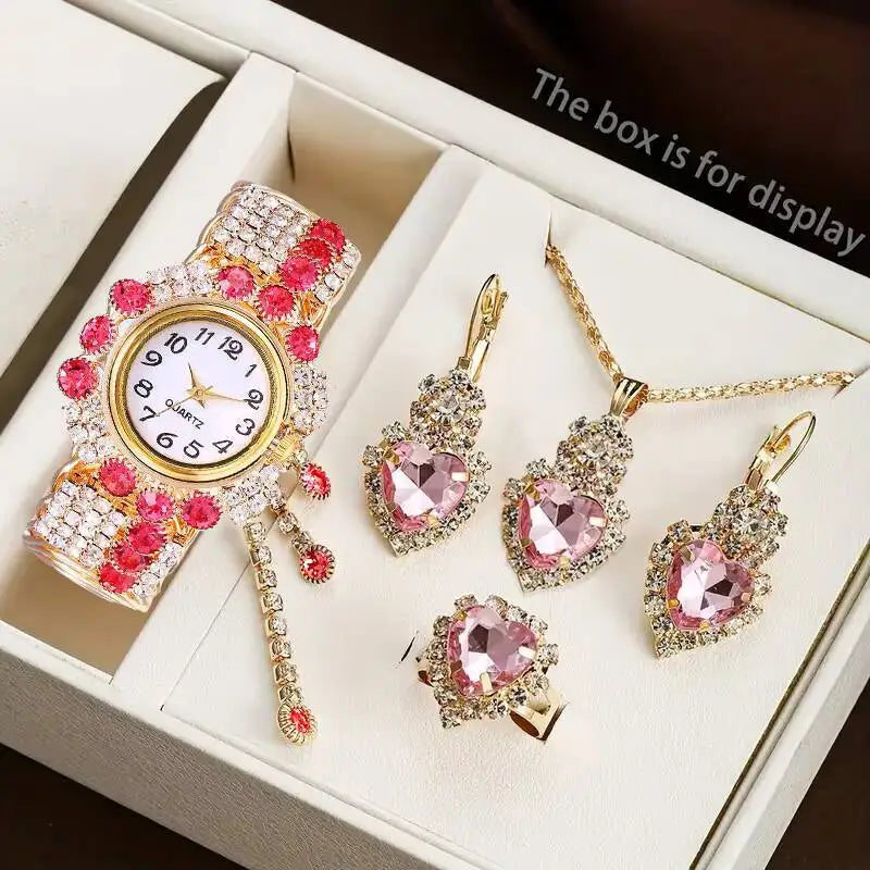 5PCS/Set Luxury Rhinestone Women Watches Fashion Adjustable Bangle Quartz Wristwatch Jewelry Set Relogio Feminino（Without Box）
