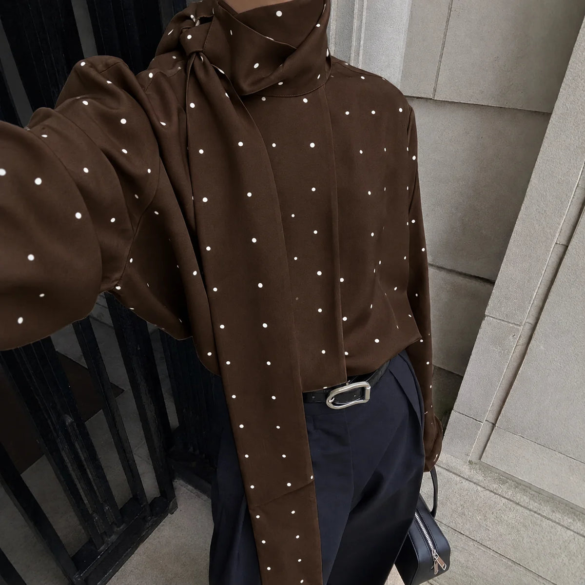 Elegant Women's Polka Dot Scarf Neck Blouses Long Sleeve Loose Shirts 2026 New Casual Commute Office Lady Tops White Black Brown