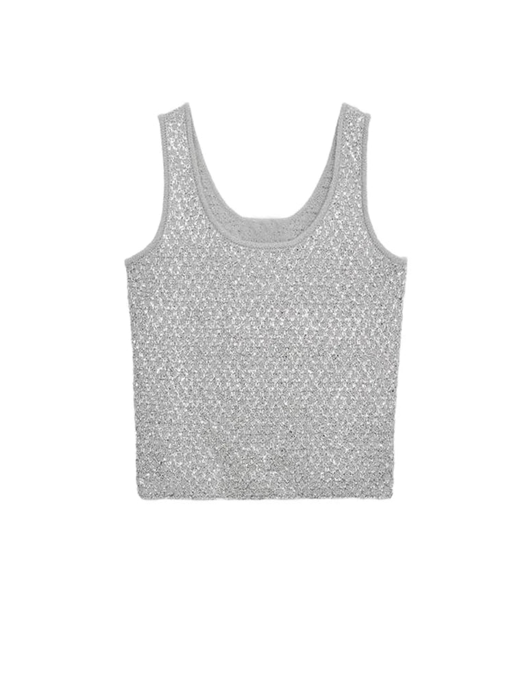 Women's Tank Tops Knitted Sequined Vests Summer Female Square Collar Sleeveless Backless Bodycon Crop Top Chic Lady Knitwear New