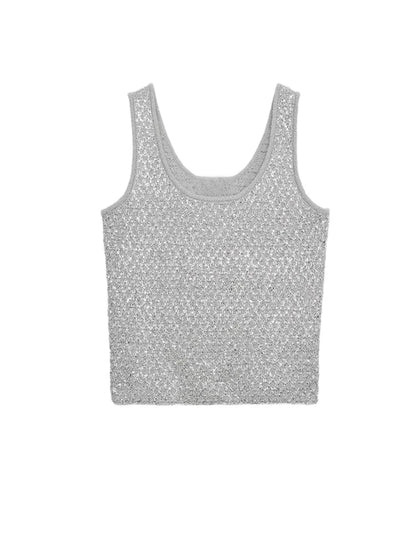 Women's Tank Tops Knitted Sequined Vests Summer Female Square Collar Sleeveless Backless Bodycon Crop Top Chic Lady Knitwear New
