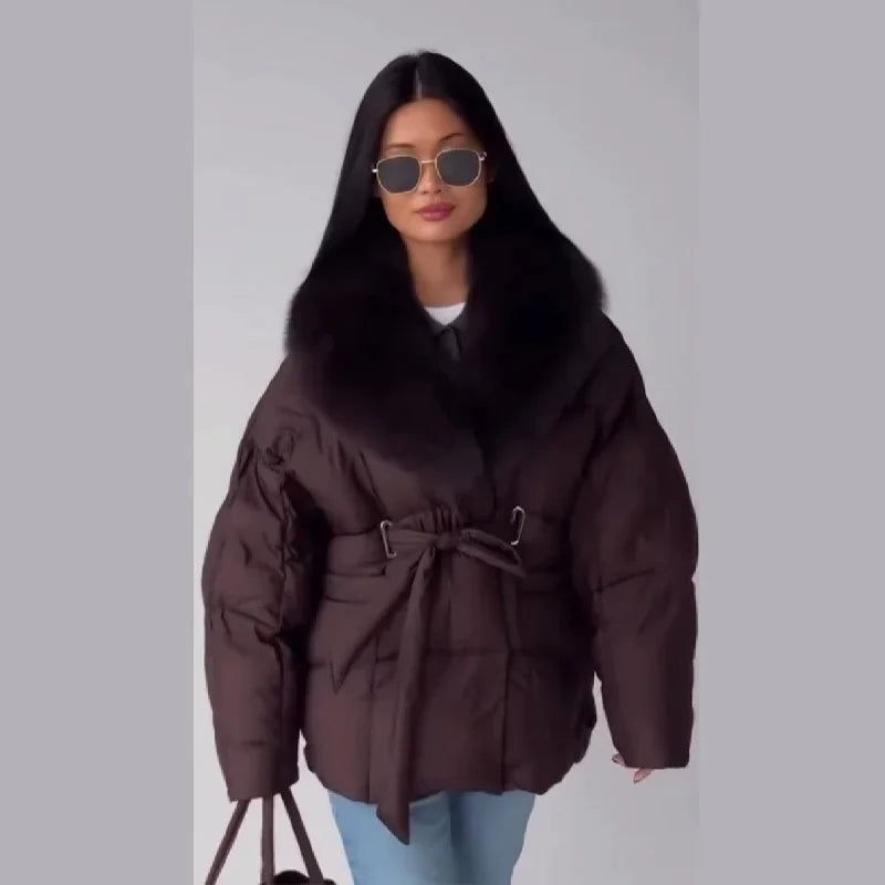 Thichen Winter Padded Coat Women Faux Fur Collar Belted Waist Tie Loose Oversized Quilted Jacket Warm Outerwear Daily Streetwear