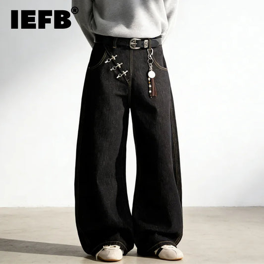 IEFB Airplane Button Design Black Men's Boot Cut Jeans Niche Unisex High Street Loose Wide Leg Denim Long Pants 2026 New 9X2176