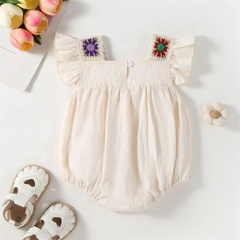 Baby Girl Summer Romper Fly Sleeve Square Neck Crochet Flower Bodysuit Newborn Playsuit