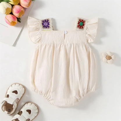 Baby Girl Summer Romper Fly Sleeve Square Neck Crochet Flower Bodysuit Newborn Playsuit