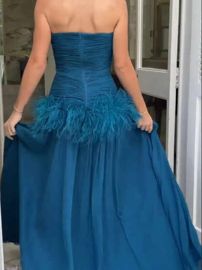 Empire Strapless Sleeveless Evening Gown Wedding Guest Gown Waist Ostrich Feather Trim Back Zip Bridesmaid Dress Custom Color