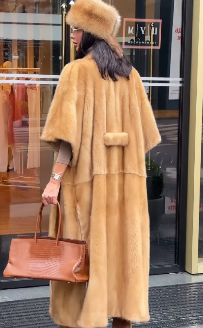 Women Faux Fur Shawl Collar Maxi Coat 3/4 Sleeve Open Front Self-Tie Belt Loose Fit Vintage Warm Jacket Luxury Ladies Outerwear