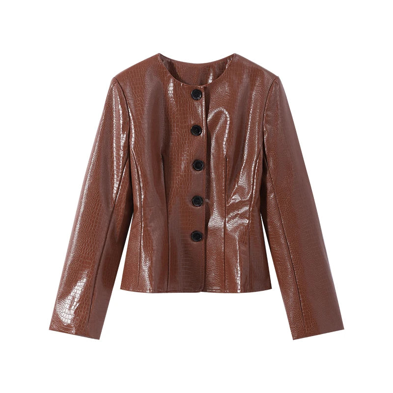 Casual Women's Pu Leather Jacket Slim Single Breasted O-neck Lady Solid Coats 2026 Autumn Fashion Female Street Outerwear
