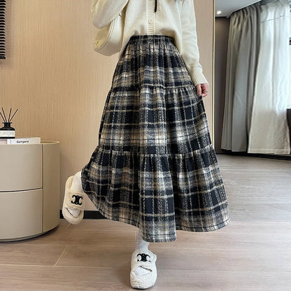 Sweet Vintage High Waist A- Line Plaid Woolen Skirt Women Autumn Winter Midi Length Skirt Woman Comfortable Casual Style