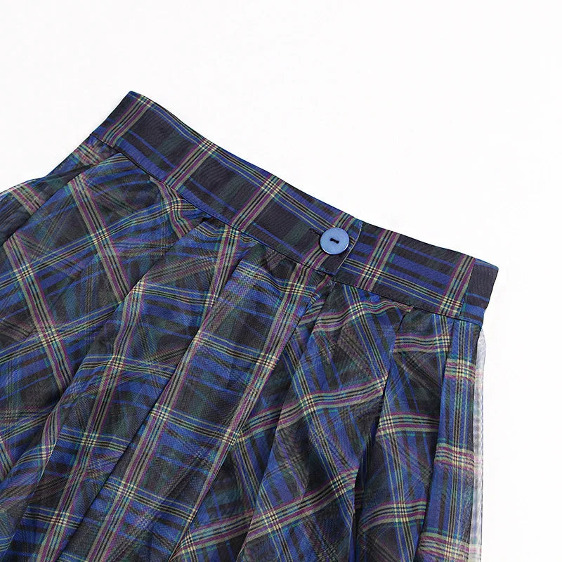 Women's High Waist Plaid Tulle Spliced Skirt Irregular Hem Design Sense Elegant Female Mid‑Length Skirts Office Party Faldas