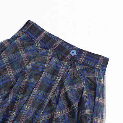 Women's High Waist Plaid Tulle Spliced Skirt Irregular Hem Design Sense Elegant Female Mid‑Length Skirts Office Party Faldas