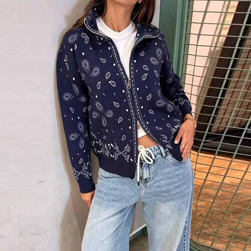 Casual Women's Jacquard Knit Cardigan Loose Stand Collar Zipper Long Sleeve Pockets Sweater 2026 Autumn Lady Vintage Sweaters