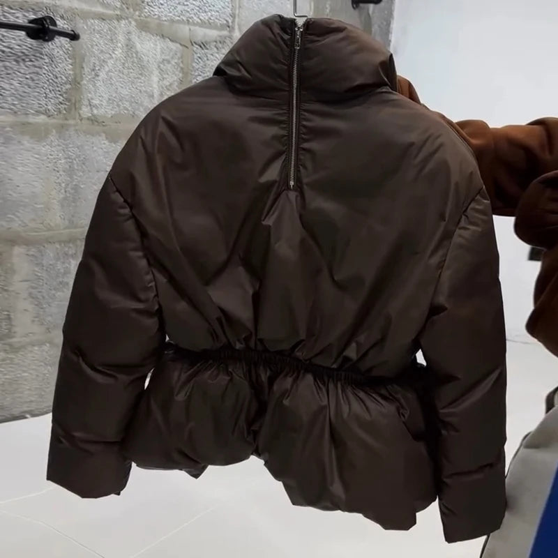 Women Stand Collar Puffer Jacket Waist Cinched Zipper Long Sleeve Warm Padded Coat 2026 Winter Commuter Lady Quilted Outerwear