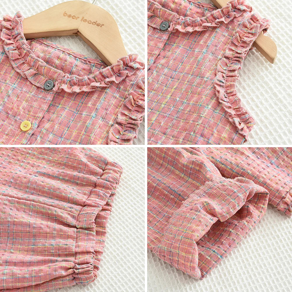 Bear Leader Summer Kids Fashion Outfits Girls Clothing Sets Pink Plaid Sleeveless Top + Wide Leg Pants Lace Two-piece Suits