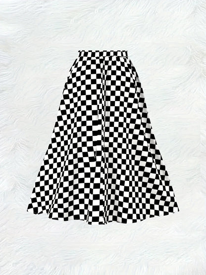 Printed Design Four Seasons Black and White Chessboard Pattern Casual Style Half Skirt