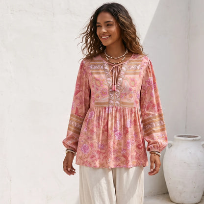 Happie Queens Fashion Women Pink Floral Printed Tie Neck Bohemian Shirt Ladies Long Sleeve Rayon Boho Shirts Blusas Tops