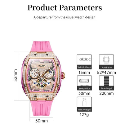 GELATU 6016 All Diamond Women Watch Silicone Waterproof Moonphase Chronograph Luxury Hollow Women All Automatic Mechanical Watch