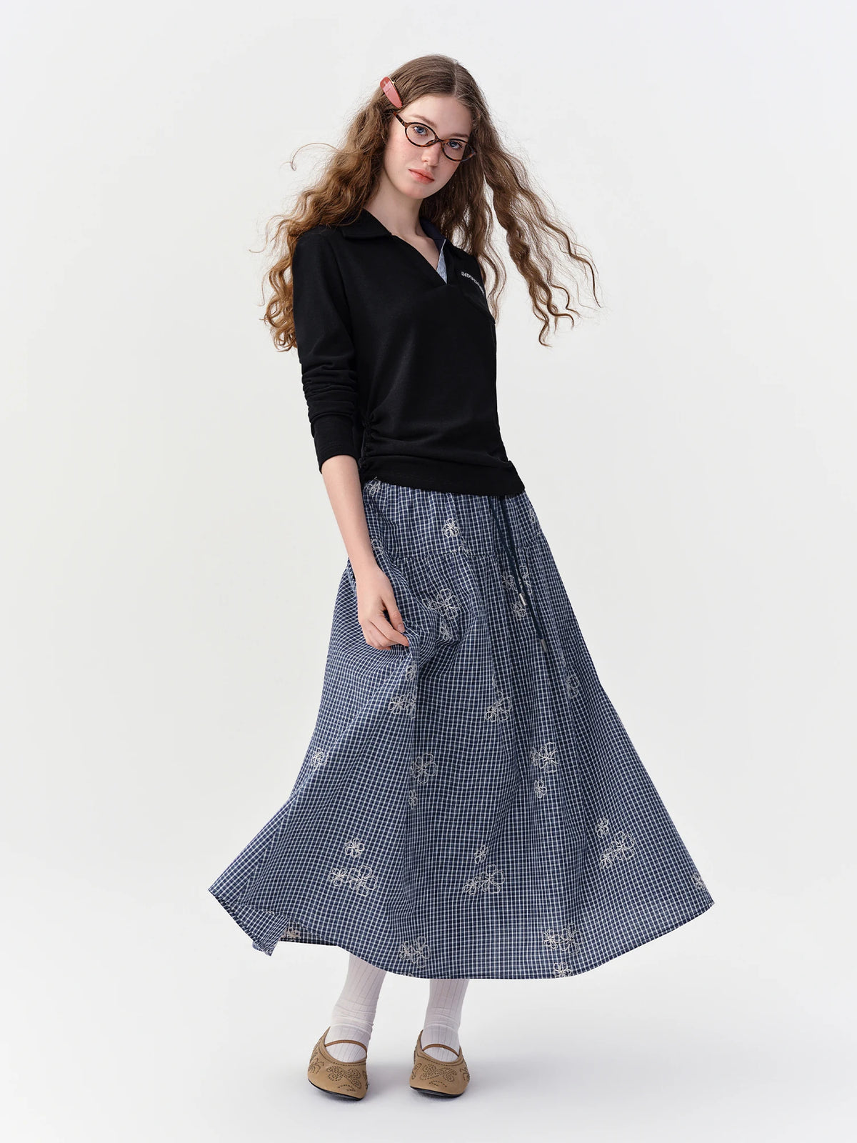 DUSHU 2026 Fall Women's Chic Elastic High Waist Plaid Embroidered A-Line Skirt - Flattering Versatile Style for Daily Wear