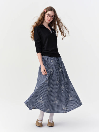 DUSHU 2026 Fall Women's Chic Elastic High Waist Plaid Embroidered A-Line Skirt - Flattering Versatile Style for Daily Wear