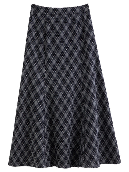 DUSHU Vintage Plaid Mermaid Skirt Women High Waist A-line Flared Midi Skirt Office Casual Long Skirt Preppy Style Age-reducing