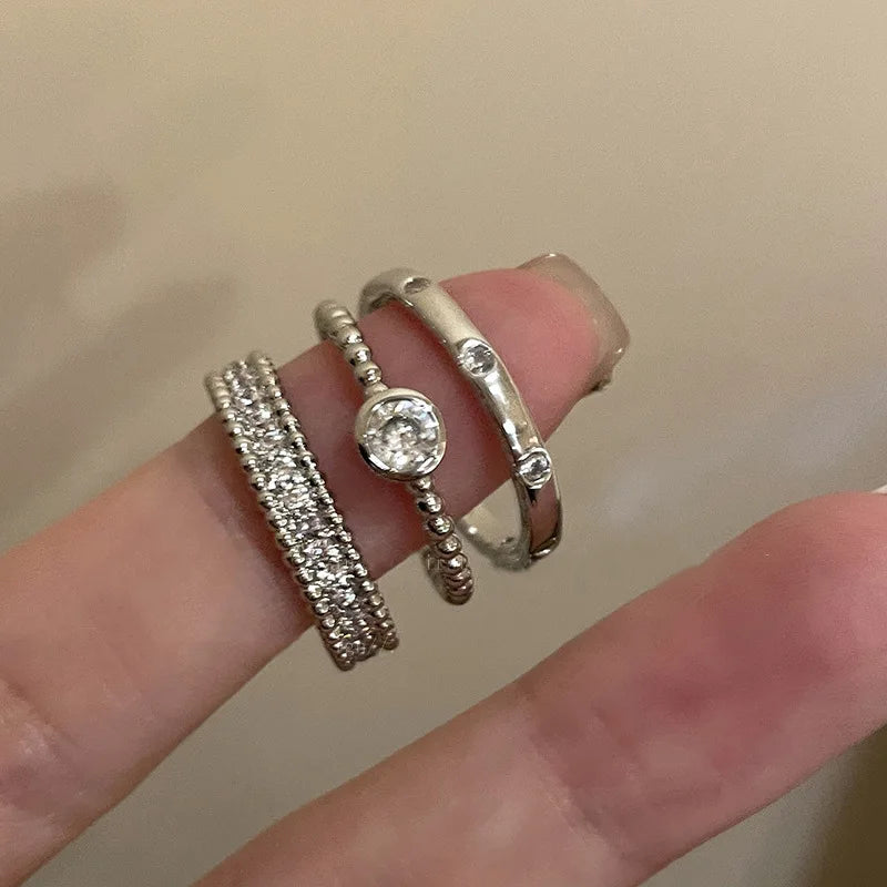 3-Piece Set Zircon Open Ring with Plain Circle Fashion Jewelry Accessory Set for Women