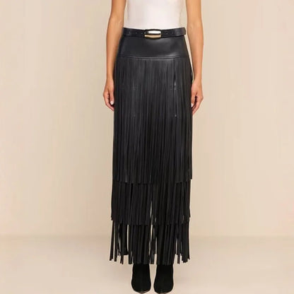 Women Faux Leather Maxi Skirt High Waist Tiered Fringe Long Skirt Fashion Side Split Tassel Skirt For Party Club Nightwear