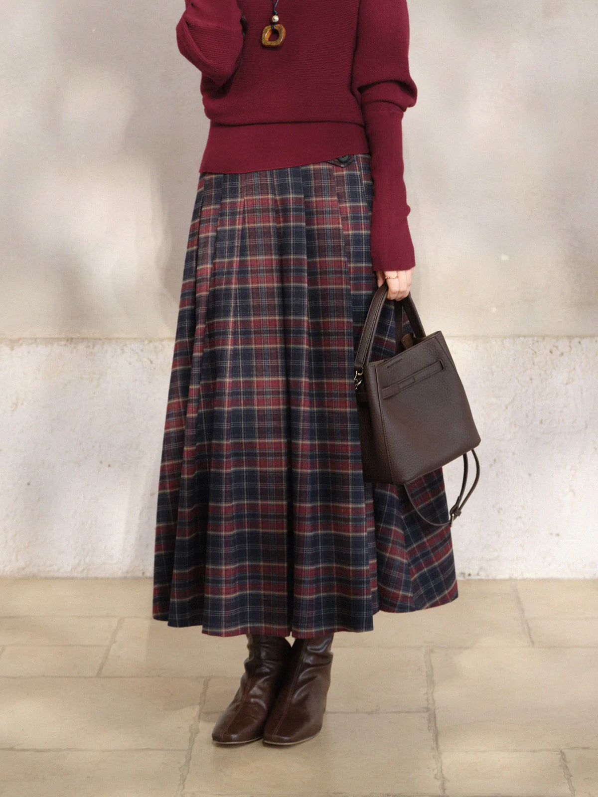 Vintage Plaid Pleated Long Skirt Women Lady High Waist A-Line Midi Skirt Preppy Elegant Winter Casual Daily Wear Style Outfit